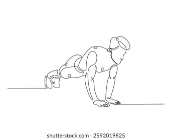 Continuous line art drawing of man doing push up illustration. Fitness activity concept in one line drawing vector design. Editable stroke.