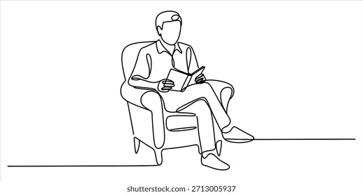 Dibujo continuo del arte de la línea de un hombre que lee un libro mientras está sentado en un Vector cómodo del sillón, ilustración