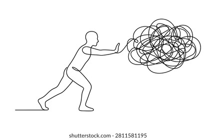 Continuous line art drawing of a man pushing away a tangled mess of scribbles for stress management, mental health therapy, and problem solving concept