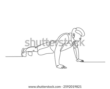 Continuous line art drawing of man doing push up illustration. Fitness activity concept in one line drawing vector design. Editable stroke.