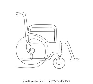 Dibujo de línea continua de la silla de ruedas médica. ilustración vectorial del dibujo de una línea de silla de ruedas. Trazo editable.
