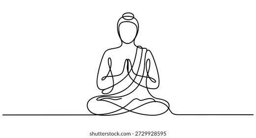 Continuous line art drawing of a meditating figure, symbolizing peace and spiritual enlightenment. Vector, illustration