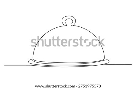 Continuous line art drawing of a minimalist restaurant cloche and serving plate representing elegant dining and catering concept