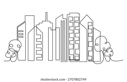 Continuous line art drawing of a modern city skyline featuring diverse architectural buildings and stylized trees, isolated on