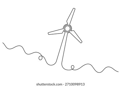 Continuous line art drawing of a modern wind turbine, symbolizing sustainable clean energy production concept