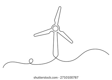 Continuous line art drawing of a modern wind turbine, symbolizing clean renewable energy and sustainability concept