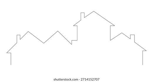 Continuous line art drawing of a modern residential neighborhood house skyline featuring multiple stylized building outlines and rooftops creating an abstract architectural illustration concept