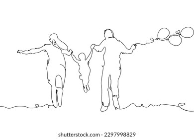 Continuous line art drawing mother father and child enjoy. Family parenthood concept. Modern continuous line draw design. Happy family line drawing. The fun family running line art. Dad, Mom, and Baby