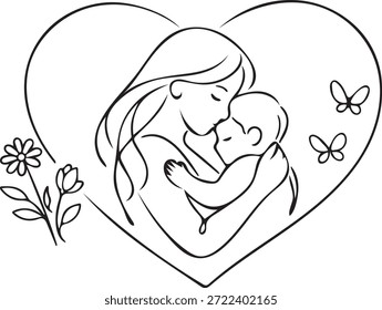 Desenho de arte de linha contínua de uma mãe e criança abraçando dentro de uma forma de coração