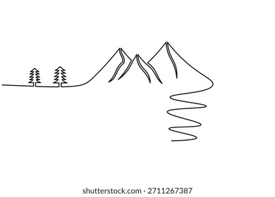 Dibujo continuo del arte de la línea de las montañas, de los árboles, y de la escena sinuosa de la naturaleza del río
