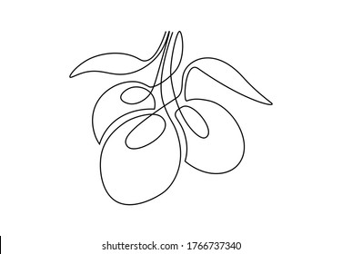 Continuous Line Art Drawing Of Olives. Olive Branch Made Of One Line For Logo, Minimalist Linear Sketch Isolated On White Background. Vector Illustration