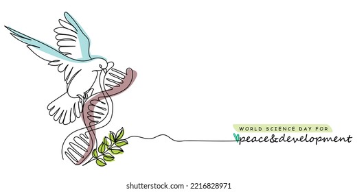 Continuous line art drawing of a peace bird with DNA and a green twig. World science day for peace and development poster. November observances. Vintage banner idea.
