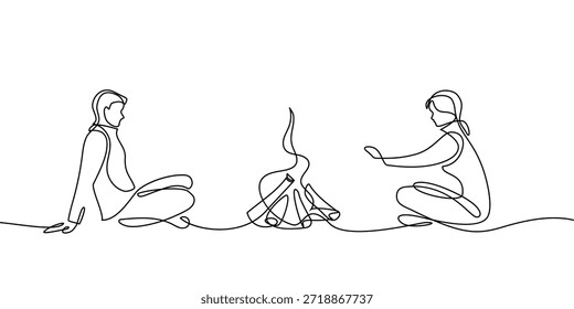 Dibujo de arte lineal continuo de personas sentadas junto a una hoguera. Turistas, hombre y mujer, sentados alrededor de la fogata, calentando las manos y hablando. Diseño lineal negro aislado sobre fondo blanco. Ilustración vectorial