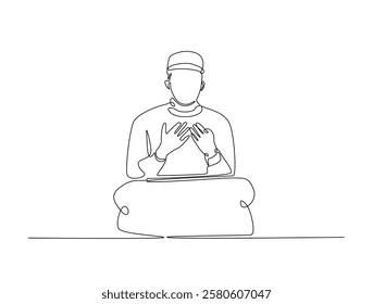 Continuous line art drawing of person praying. Religious prayer in single line art drawing vector illustration. Editable stroke.