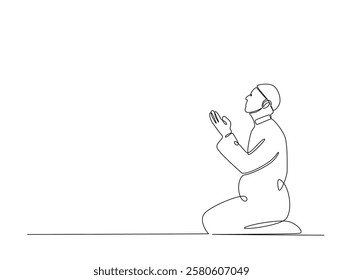 Continuous line art drawing of person praying. Religious prayer in single line art drawing vector illustration. Editable stroke.