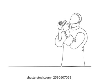 Continuous line art drawing of person praying. Religious prayer in single line art drawing vector illustration. Editable stroke.