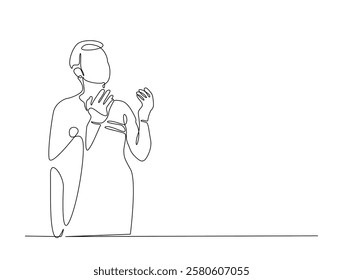 Continuous line art drawing of person praying. Religious prayer in single line art drawing vector illustration. Editable stroke.
