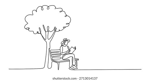 Dibujo de arte lineal continuo de una persona leyendo un libro en un banco del parque debajo de un Vector de árbol, ilustración