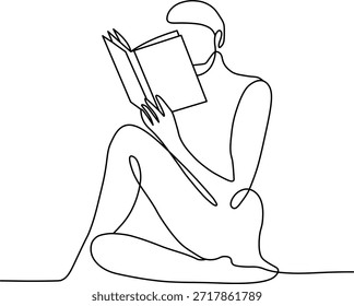 Dibujo de arte lineal continuo de una persona sentada y disfrutando de un libro
