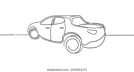 Continuous line art drawing of pickup truck on white background. Car with a big trunk outline. Vector illustration