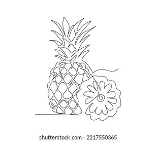 Continuous line art drawing of pineapple fruit. Tropical pineapple single line art drawing vector illustration.