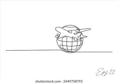 continuous line art drawing of a plane around the world