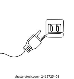 Continuous line art drawing of a plug inserted into an electric outlet in a minimalist black linear design. Isolated on a white background. Vector illustration electrical socket.