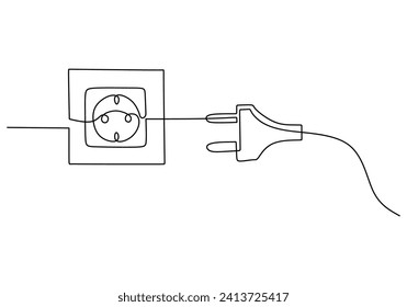 Dibujo de línea continua de un enchufe insertado en una toma eléctrica en un diseño lineal negro minimalista. Aislado sobre un fondo blanco. Toma eléctrica de la ilustración del vector.