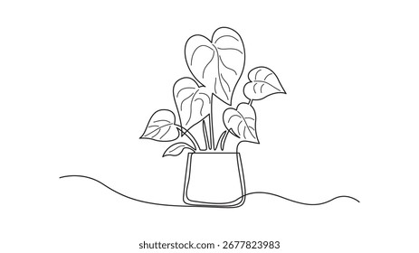 Dibujo continuo del arte de la línea de una planta en maceta aislada en el fondo blanco