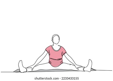 Continuous line art drawing of a pregnant woman practicing yoga. Prenatal Yoga and Restorative yoga classes. Positive psychology. Relax and practice presence of mind concept. Maternal and baby health.