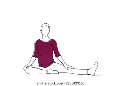 Continuous line art drawing of a pregnant woman practicing yoga. Prenatal Yoga and Restorative yoga classes. Positive psychology. Relax and practice presence of mind concept. Maternal and baby health.