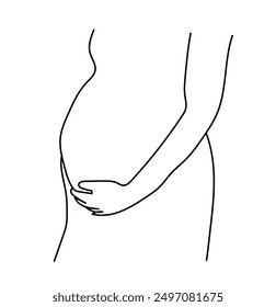 Continuous line art drawing of pregnant woman touching her belly. Maternity Vector illustration. Healthy pregnancy and birth baby symbol in simple linear style.