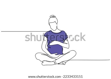 Continuous line art drawing of a pregnant woman practicing yoga. Prenatal Yoga and Restorative yoga classes. Positive psychology. Relax and practice presence of mind concept. Maternal and baby health.