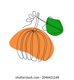 Dibujo de línea continua de calabaza con hoja y con forma geométrica de color. Ilustración vectorial.