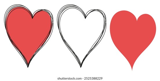 Iconos de corazón rojo de dibujo de línea continua ilustraciones. Signos Abstractas lineales del corazón, relación, romance, símbolo de amor aislado. Dibujado a mano linda forma corazón garabatos conjunto. Diseño de amor de garabatos
