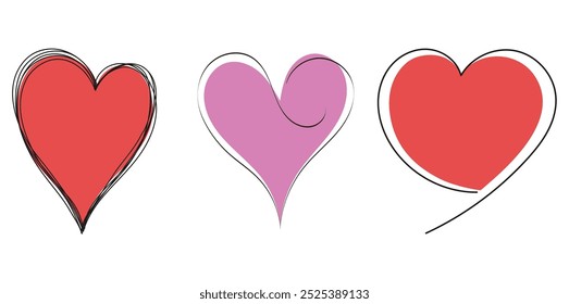 Continuous line art drawing red heart icons set illustrations. Abstract linear purple heart signs, relationship, romance, love symbol isolated. Hand drawn cute shape heart doodles set. Scribble love