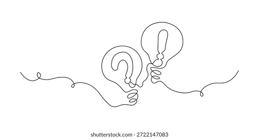 Continuous line art drawing representing a question and an answer or idea with two interconnected lightbulbs illustrating problem solving and insight