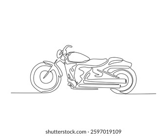 Continuous line art drawing of retro motorcycle. Old classic vintage motorbike in one line drawing illustration. Editable stroke.