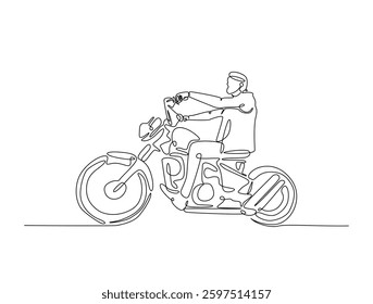 Continuous line art drawing of rider riding a retro motorcycle. Biker with Old classic vintage motorcycle in one line drawing illustration. Editable stroke.