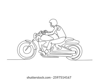 Continuous line art drawing of rider riding a retro motorcycle. Biker with Old classic vintage motorcycle in one line drawing illustration. Editable stroke.