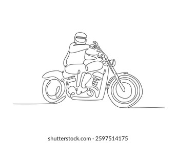 Continuous line art drawing of rider riding a retro motorcycle. Biker with Old classic vintage motorcycle in one line drawing illustration. Editable stroke.