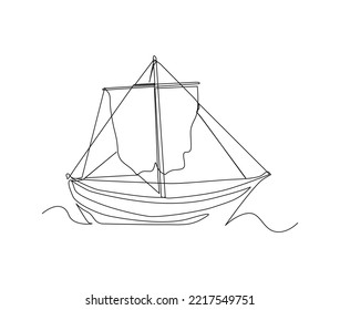 Continuous line art drawing of sail boat. Wooden sailboat single line art drawing vector illustration.