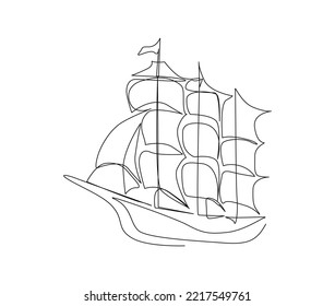 Continuous line art drawing of sail boat. Wooden sailboat single line art drawing vector illustration.