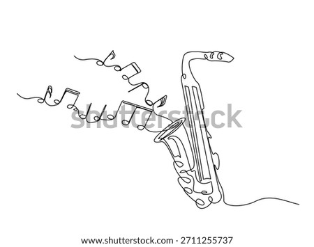 Continuous line art drawing of saxophone music instrument with flowing music note. Saxophone with music notes in single outline illustration.