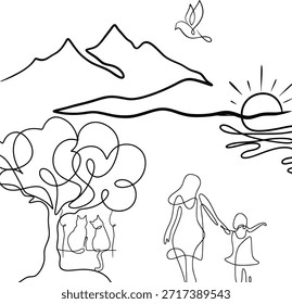 Un dibujo de arte lineal continuo de un paisaje sereno con familia, naturaleza y paz