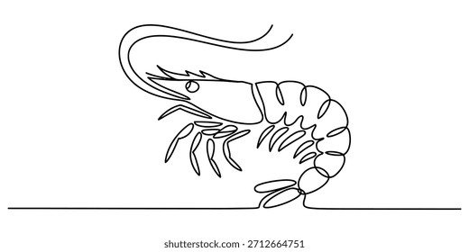 Continuous line art drawing of a shrimp. minimalist seafood sketch representing marine life, aquatic animal, and healthy eating symbol on a clean backdrop. Vector, illustration