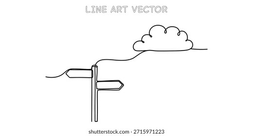 Dibujo de línea continua de un poste de señalización con dos flechas que apuntan en diferentes direcciones, conectadas a una nube. Concepto de elección, camino futuro y toma de decisiones. Ilustración vectorial