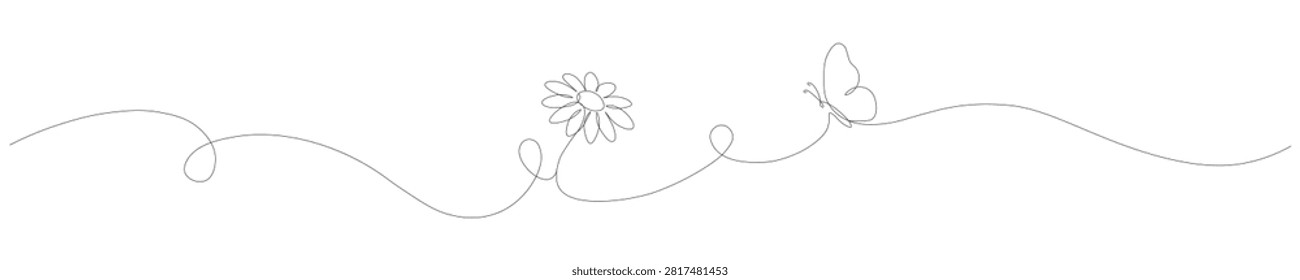 Continuous line art drawing of a single daisy flower and a butterfly connected by a winding, elegant stroke, isolated on white background.