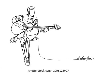 Continuous line art or  continuous line drawing of sitting guitarist playing guitar.-Vector Illustration 