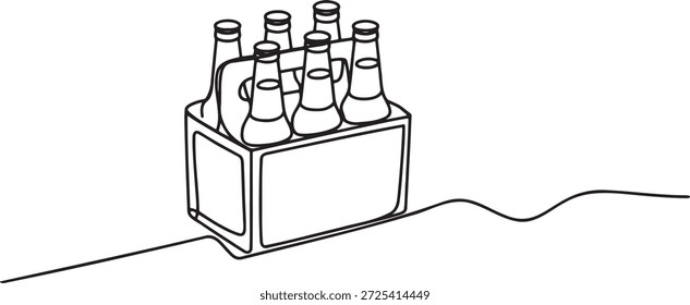 Dibujo de arte lineal continuo de un portabotellas de cerveza de seis paquetes. Ilustración minimalista del empaquetado de la bebida alcohólica. Vector de estilo doodle moderno de un contenedor de bebidas. Diseño de contorno simple para un estuche de cerveza.